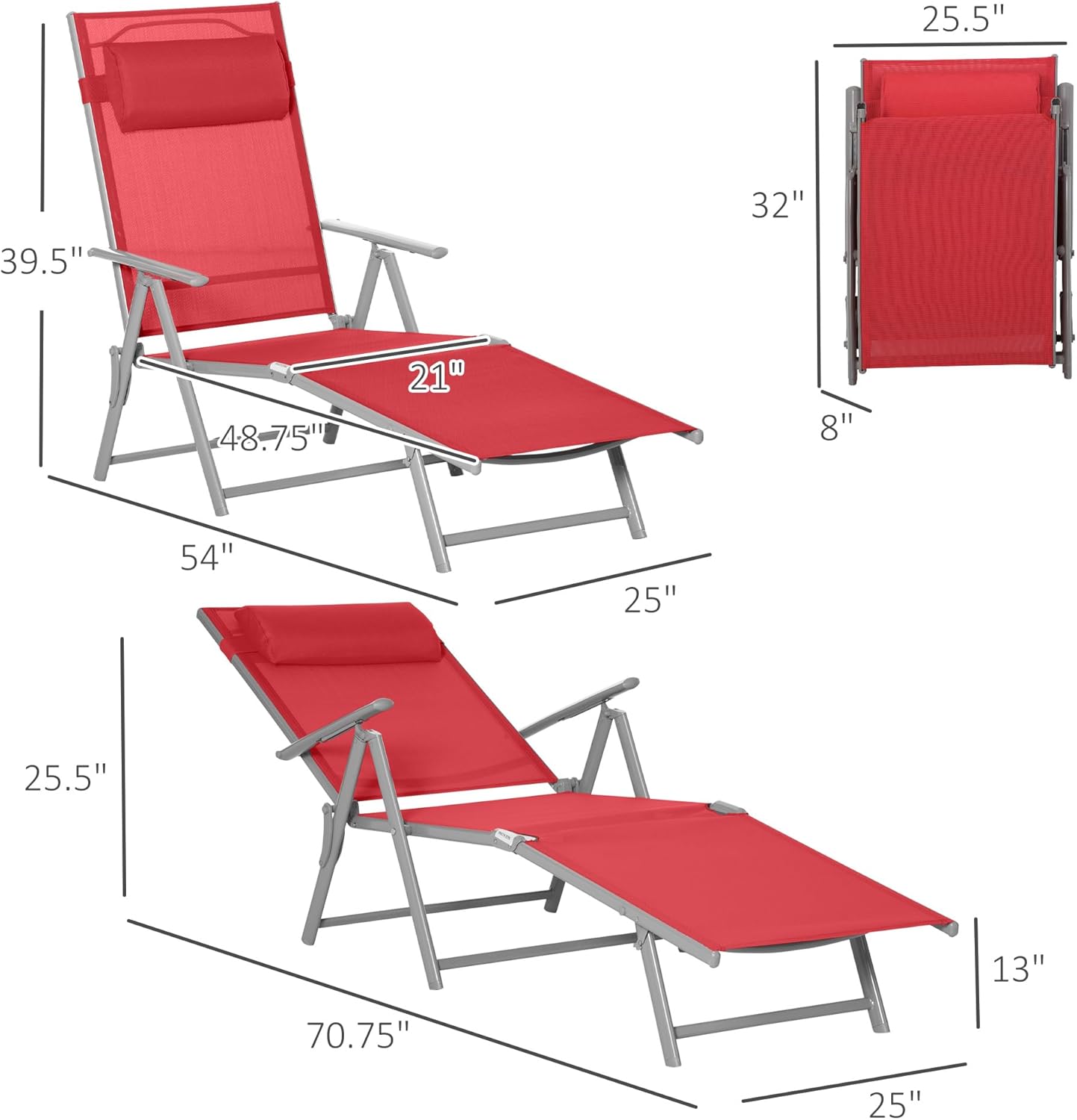 Outsunny Chaise Lounge Silla plegable para exteriores, portátil, silla reclinable ajustable de 7 posiciones para acampar, tomar el sol y broncearse
