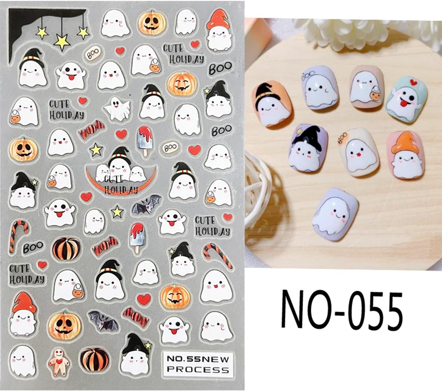 6 hojas de calcomanías de arte de uñas de Halloween, lindos dibujos animados, fantasma, calabaza, calcomanías de uñas autoadhesivas en 3D, máscara
