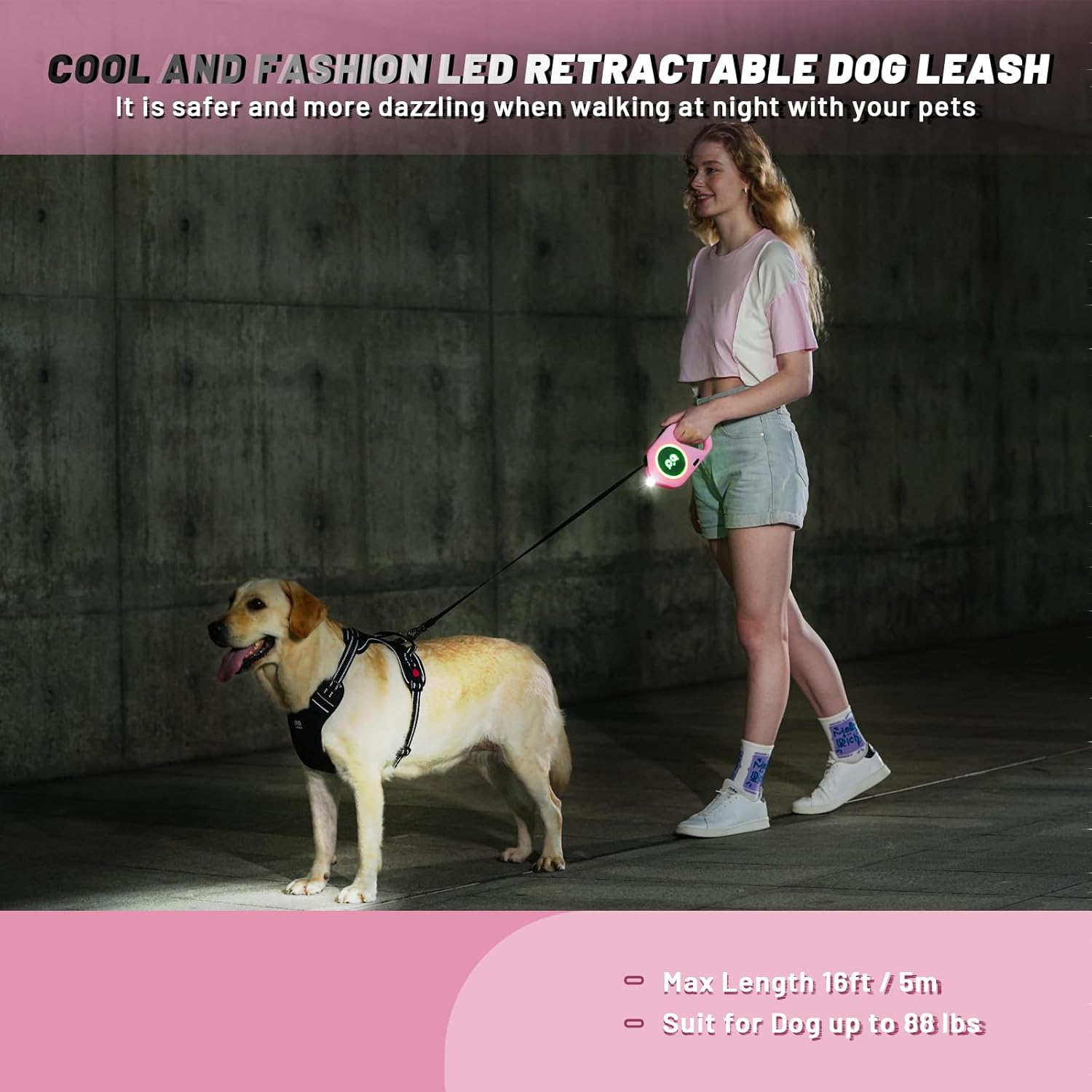 QQPETS Correa retráctil para perro con luz LED recargable, cinta de nailon resistente de 16 pies para paseos nocturnos de hasta 88 libras de