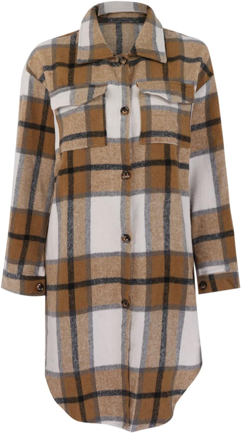 Camisas a cuadros para mujer, chaqueta casual de manga larga con solapa y botones, camisas con bolsillo