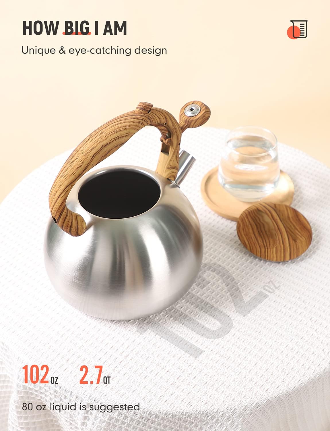 BELANKO – Hervidor de té silbante de 102 onzas  3 litros, ollas para estufa, acero inoxidable de grado alimenticio con mango de madera, silbato