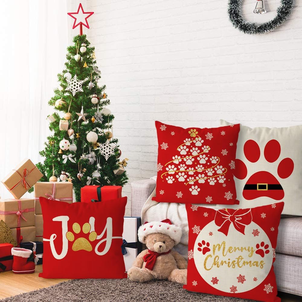 GAGEC Fundas de almohada navideñas de 18 x 18 pulgadas, color rojo, con patas de perro, fundas de almohada de invierno para decoración del hogar,