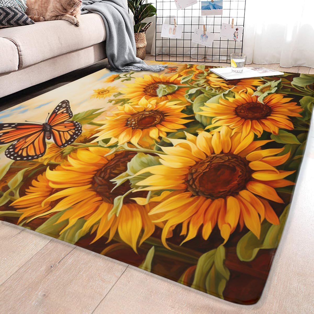 ARRUDA Alfombra antideslizante de girasol, girasol y mariposa, alfombra de área para cocina, dormitorio, sala de estar, decoración de habitación de