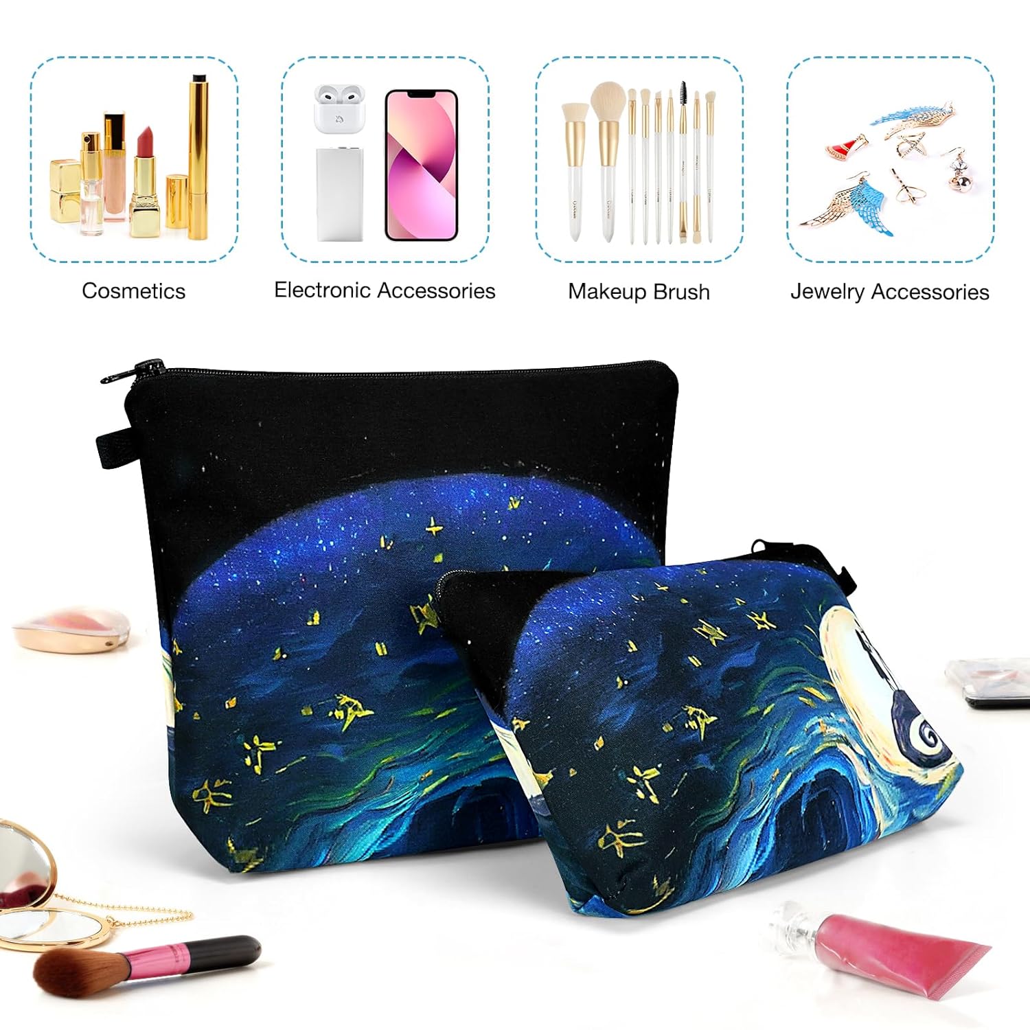 Noozion Juego de 2 bolsas de cosméticos resistentes al agua, bolsas de maquillaje espaciosas, bolsa de aseo de viaje, organizador de cosméticos,