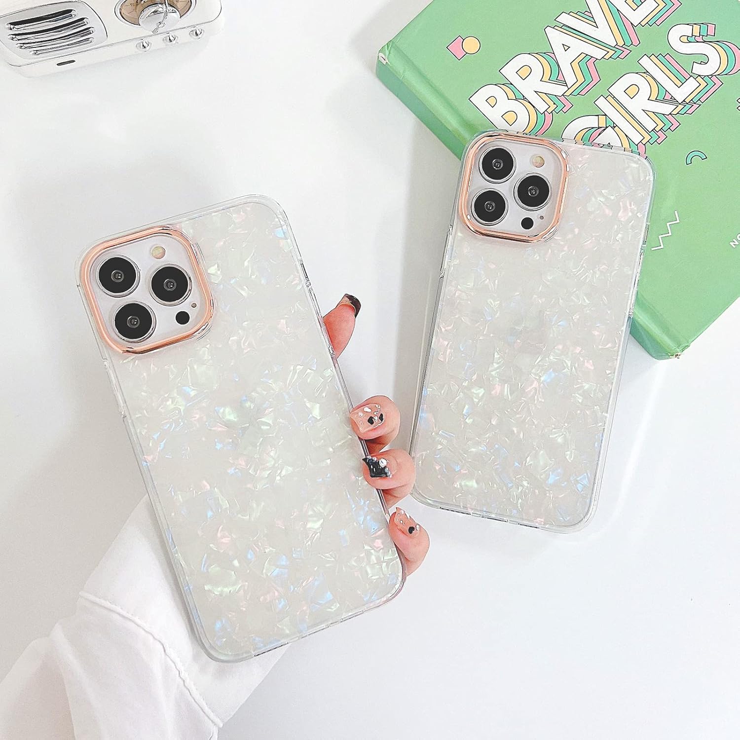 YeLoveHaw Funda diseñada para iPhone 13 Pro Max para mujeres y niñas, con patrón de concha con purpurina nacarada, bonita funda protectora de panel