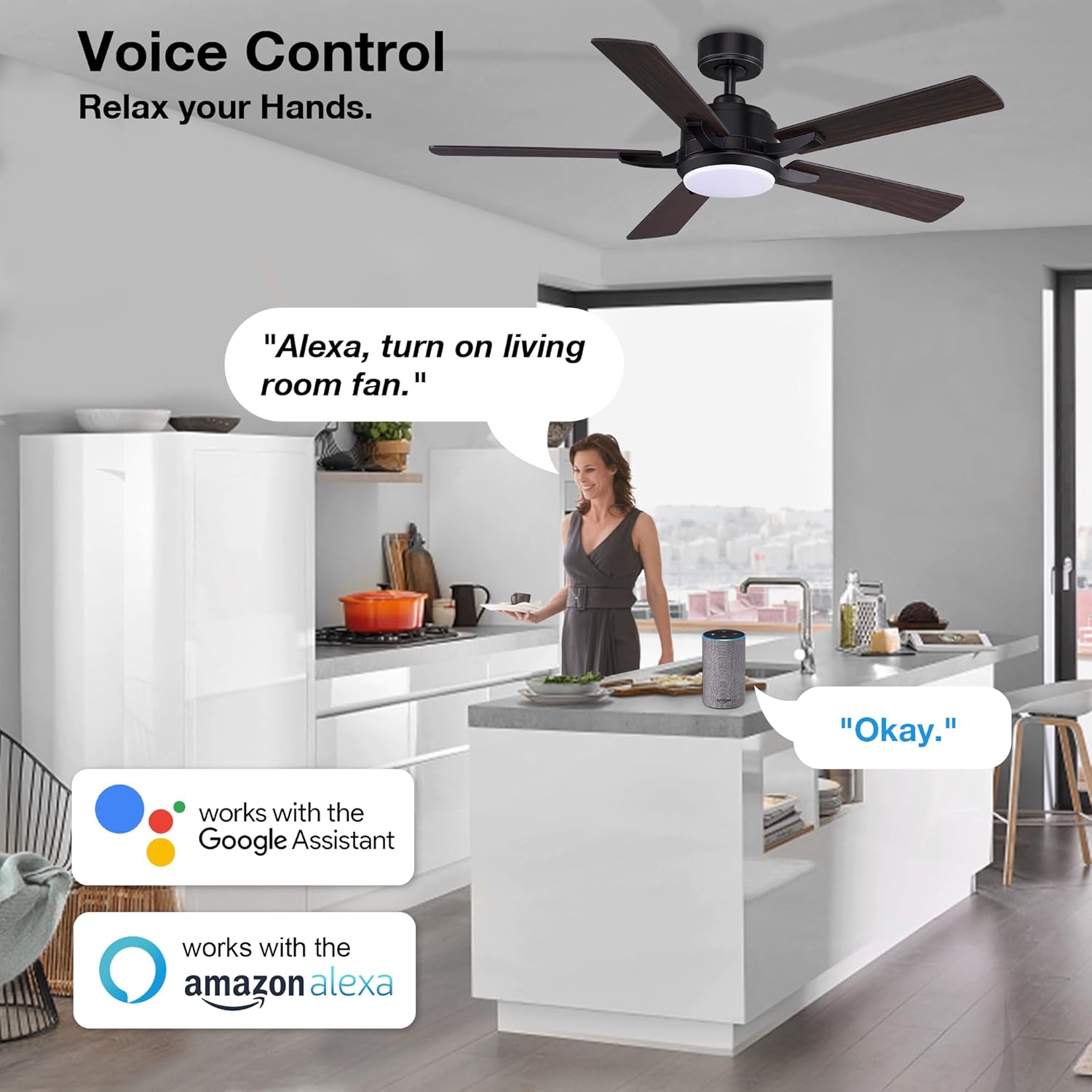 Ventiladores de techo inteligentes de 52 pulgadas con control remoto de luces, motor de CC silencioso, ventilador de techo moderno para interiores y