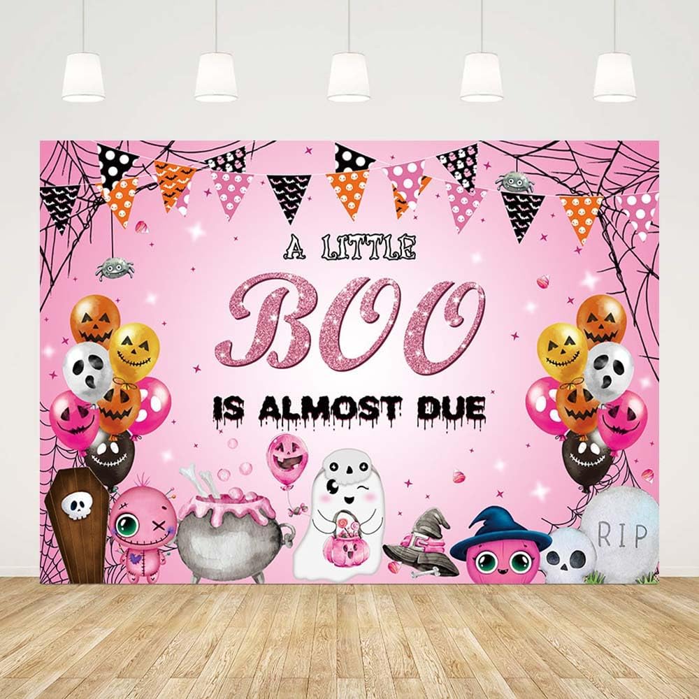 Telón de fondo de Halloween de 7 x 5 pies para baby shower, con texto en inglés “A Little Boo is Almost Due Baby Shower Decoraciones” de color rosa