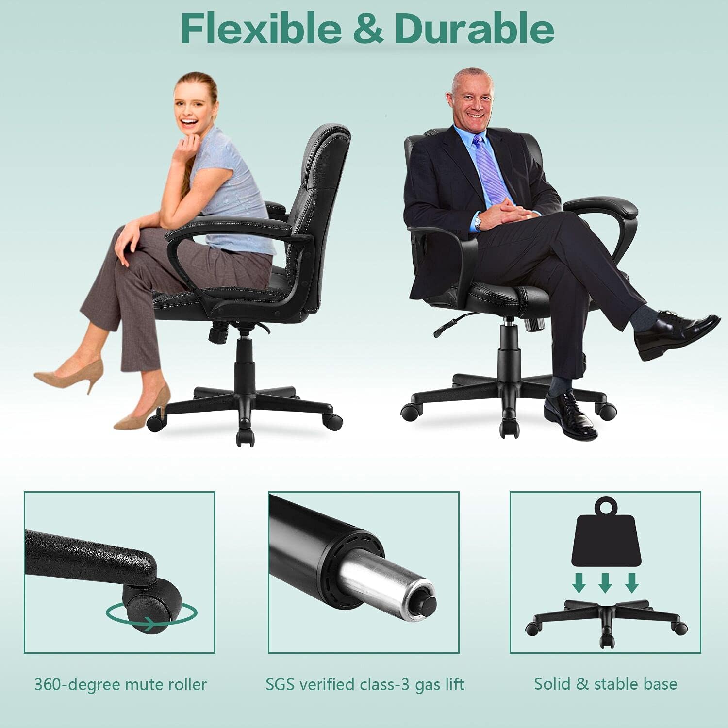 Silla ejecutiva de oficina giratoria con respaldo medio, asiento de escritorio ergonómico acolchado de cuero con soporte lumbar, reposabrazos, color