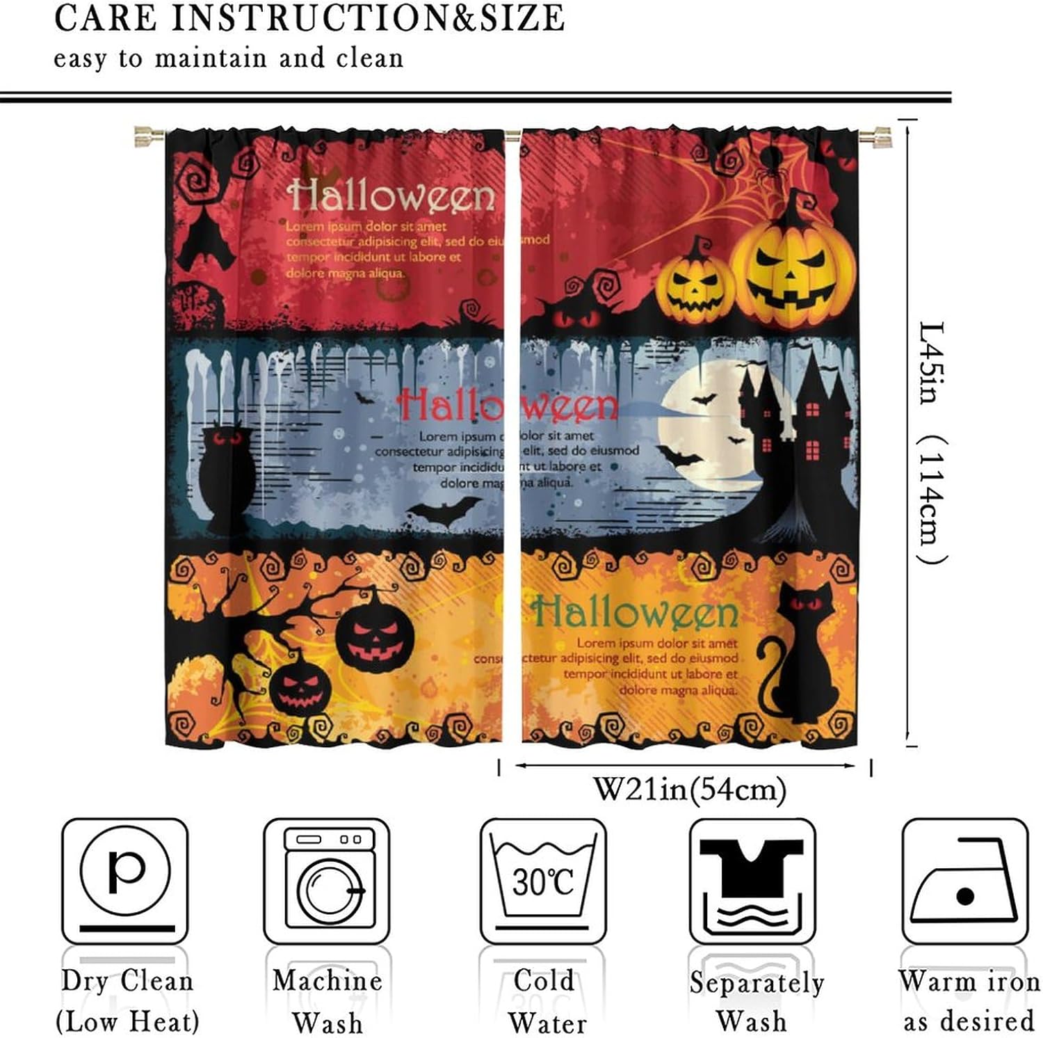 Cortinas de Halloween de terror, caricatura, gato, calabaza, murciélago, castillo, patrón de Halloween, cortinas impresas para decoración del hogar,
