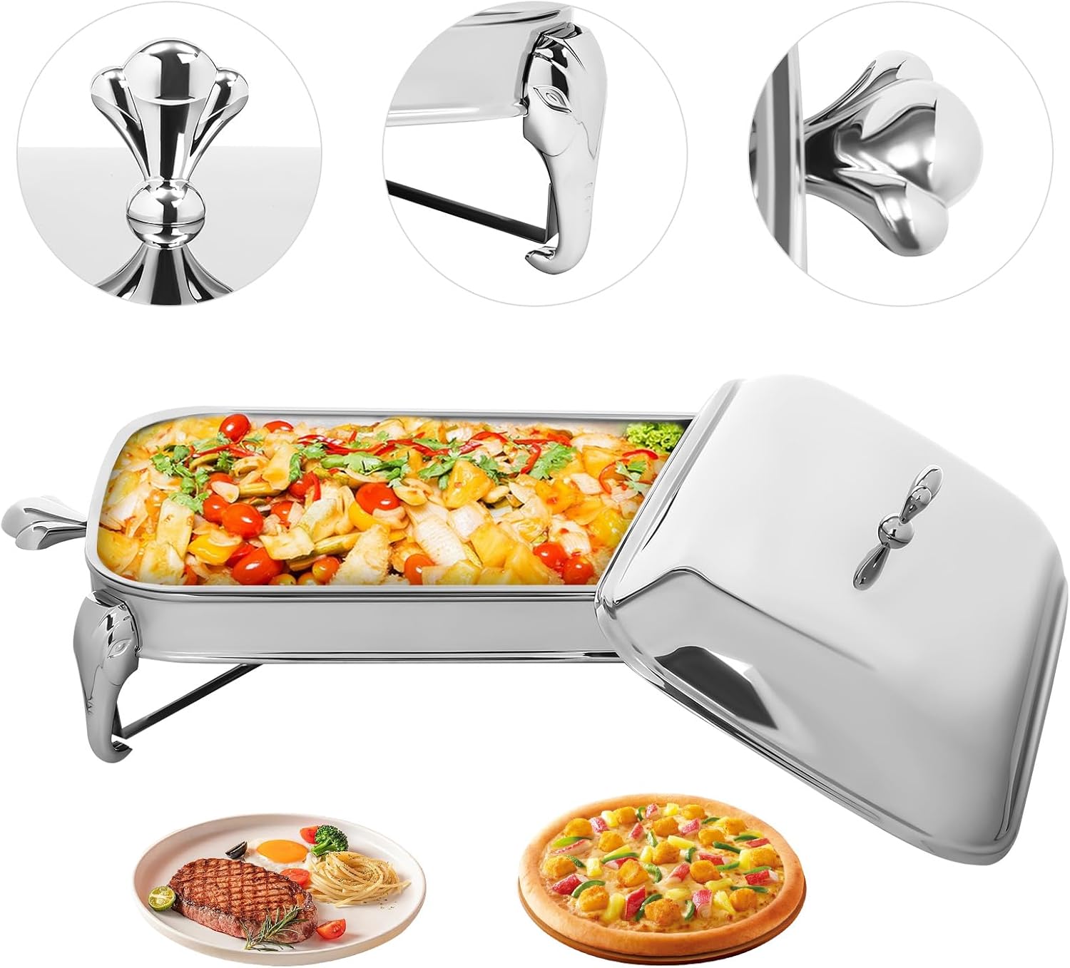 Fetcoi Juego de bufé de platos de 2.6 cuartos de galón  Servidores y calentadores de bufé de acero inoxidable, platos de roce para horno, calentador