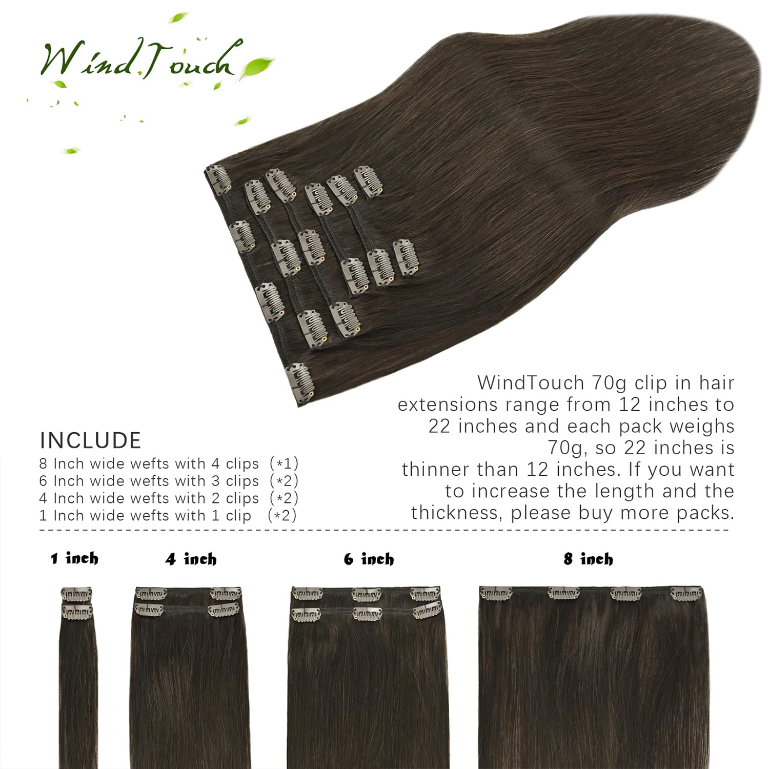Extensiones de cabello humano Remy suave con pinzas, color castaño oscuro, 2.47onzas, N. 2, 20pulgadas, 7 unidades, para mujer y Día del Amor y la