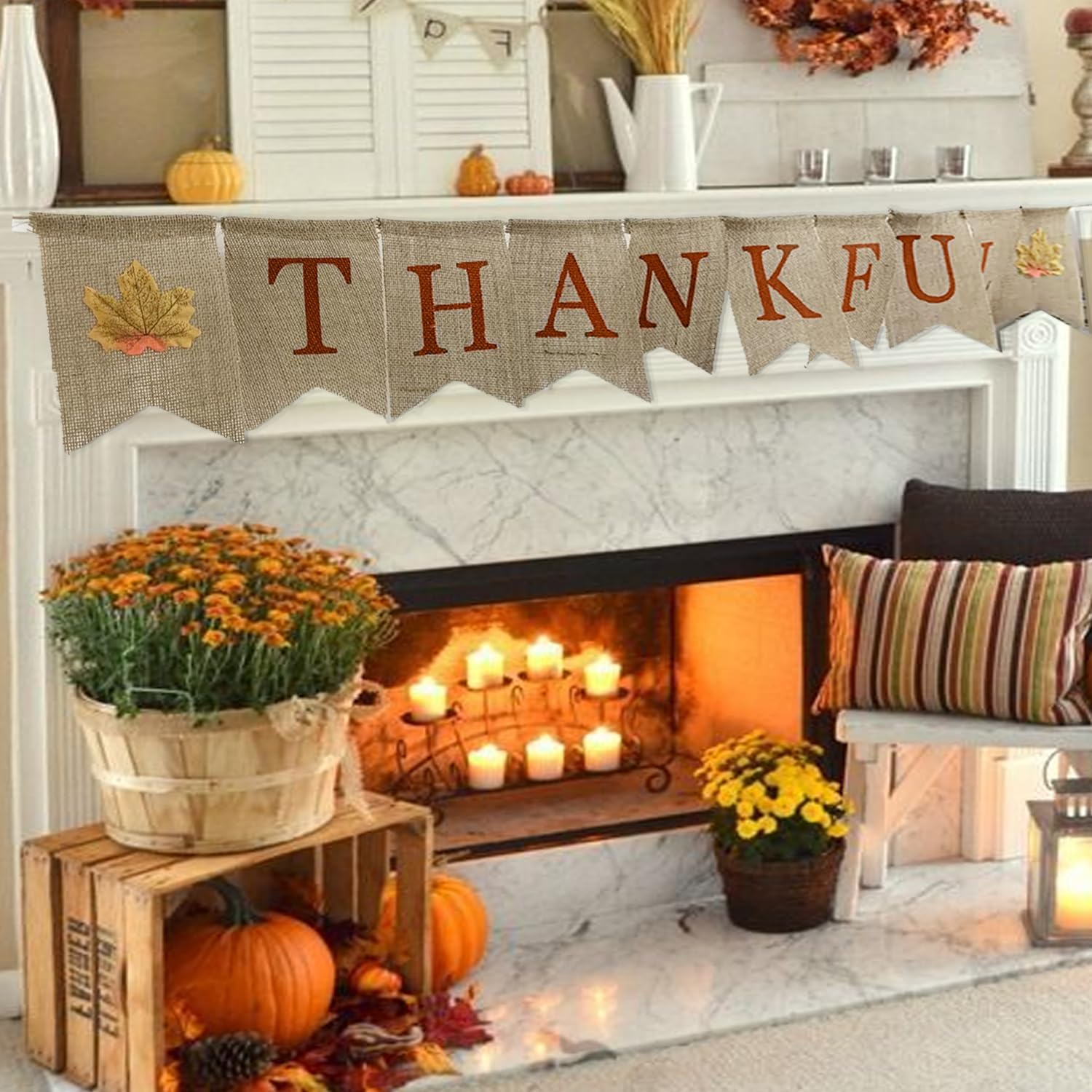 Cartel de arpillera con texto en inglés Thankful de otoño con hojas de arce rústicas para repisa, chimenea, colgar en la pared para bienvenida,