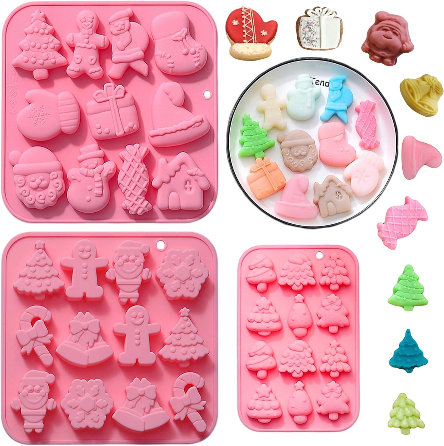 Paquete de 3 moldes de silicona de Navidad para hornear, moldes de silicona para Navidad, moldes de jabón para chocolate, gelatina, muñeco de nieve,