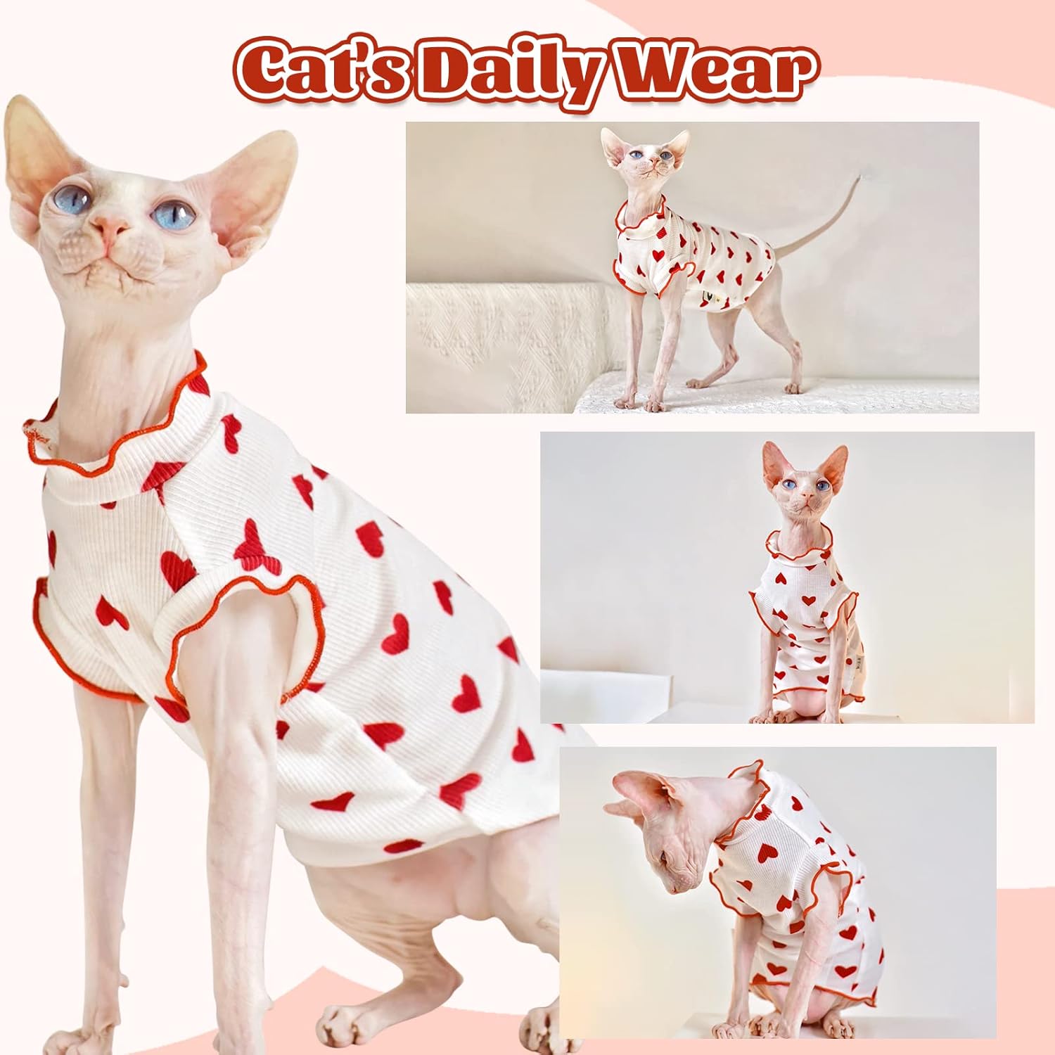 DENTRUN Camisa de gatos sin pelo de Sphynx con patrón de corazón, camisetas de gatito con mangas Perlin, transpirable, lindo suéter adorable sin