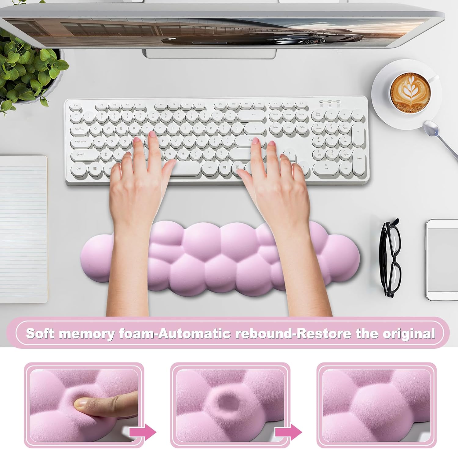Leolee Reposamuñecas para teclado Cloud, reposamuñecas de nube rosa con superficie de cuero, base antideslizante, reposamuñecas para aliviar el