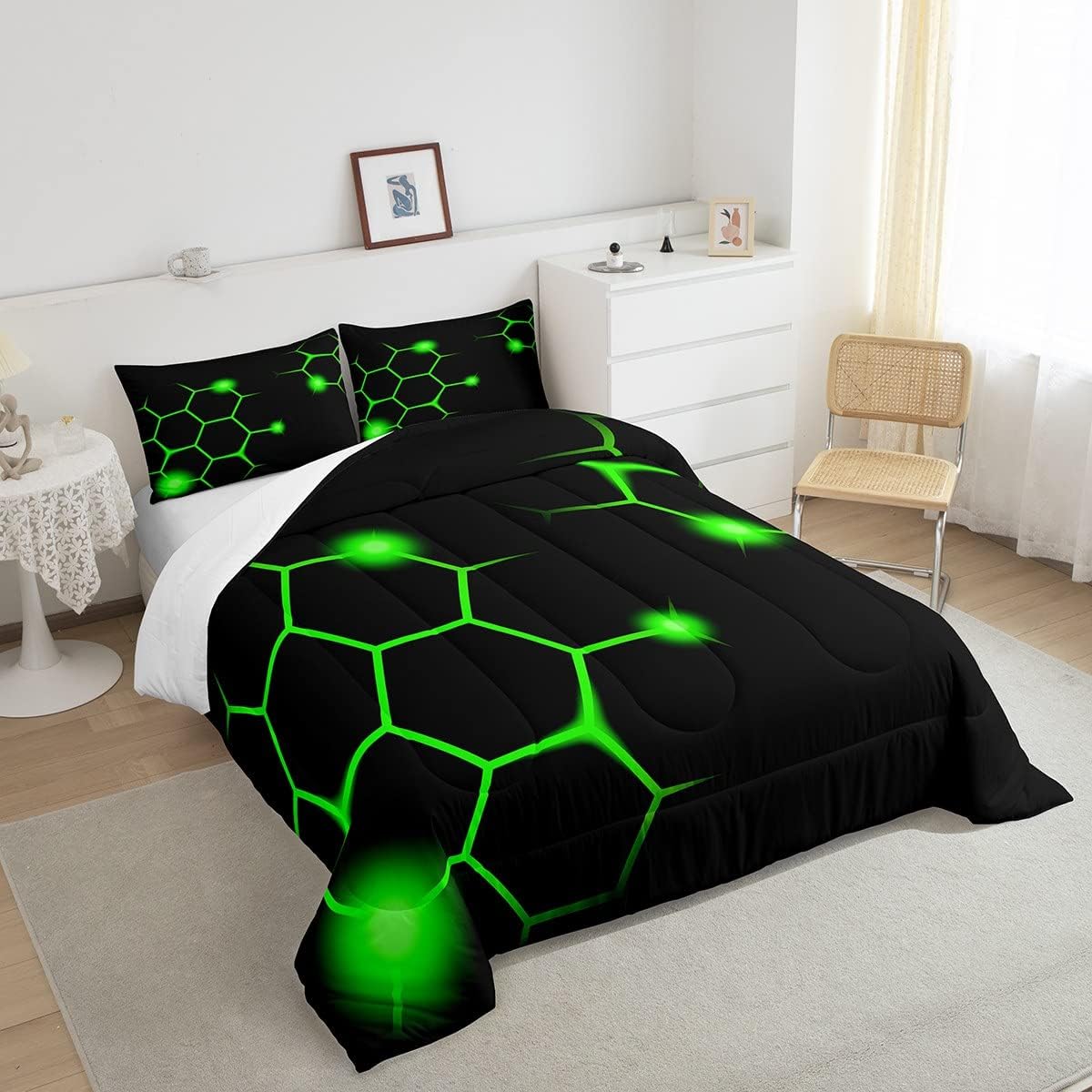 Juego de edredón hexagonal geométrico de panal para niños y adultos, color verde neón, negro, juego de edredón moderno hexagonal de colmena ultra