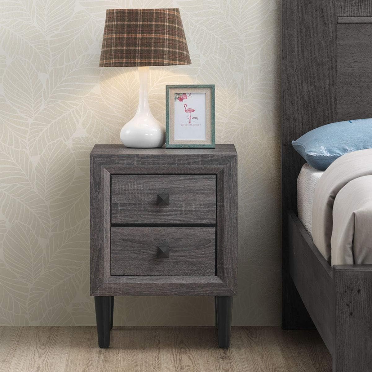 Giantex Mesita de noche de madera con dos cajones de almacenamiento y asas, material impermeable para dormitorio, sala de estar (1)
