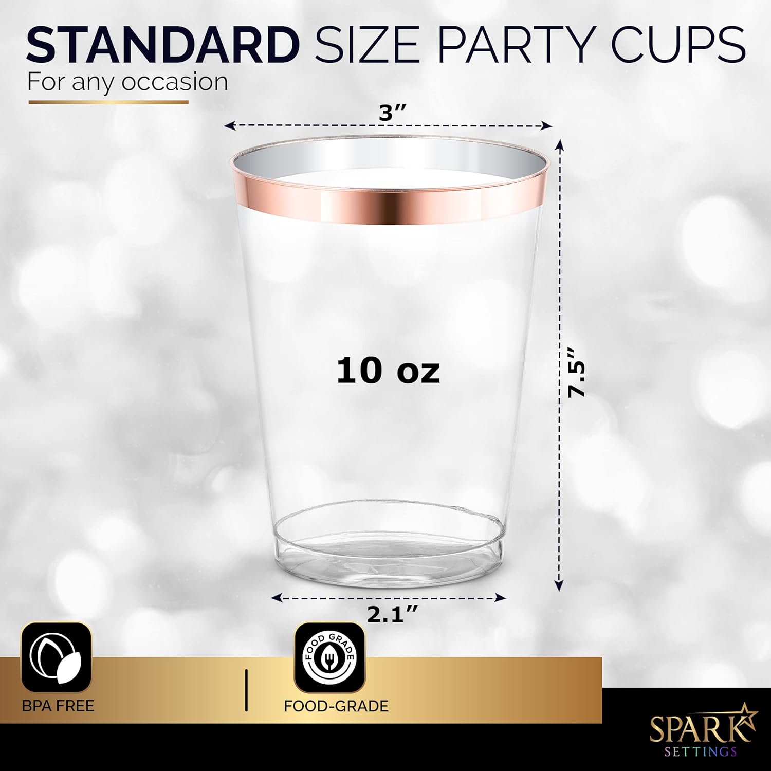 Vasos de plástico color oro rosa desechables, paquete de 50 vasos de fiesta transparentes de 10 onzas, vasos de vino de plástico resistentes para