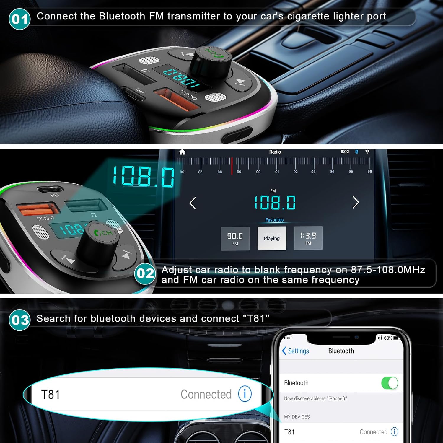 Adaptador de coche Bluetooth 5.3 – Transmisor FM Hinrey de 48 W (PD 30 W y QC3.0) – Transmisor de radio de micrófono dual Bluetooth compatible con