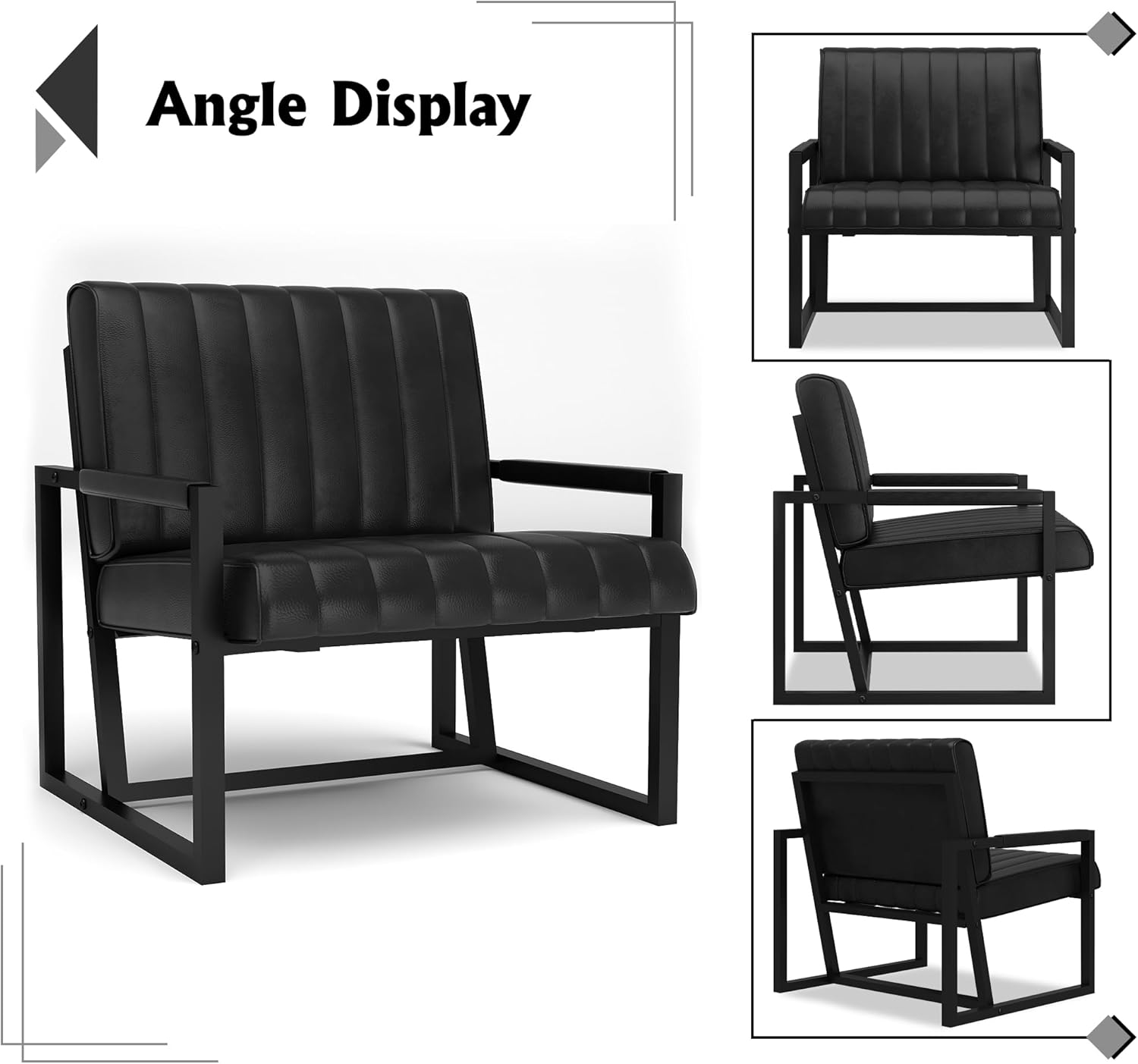 Recaceik Silla decorativa moderna de mediados de siglo, sillón tapizado de piel sintética con marco de metal, cojín de asiento de 4.1 pulgadas de