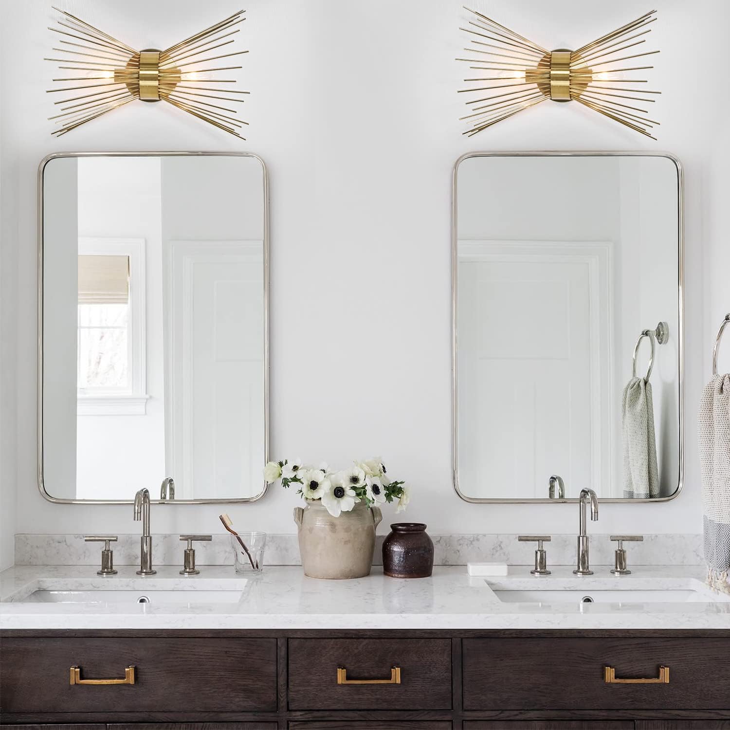Lámpara de tocador de baño de 2 luces, moderna lámpara de pared dorada Starburst de mediados de siglo, lámpara de pared de latón galvanizado para
