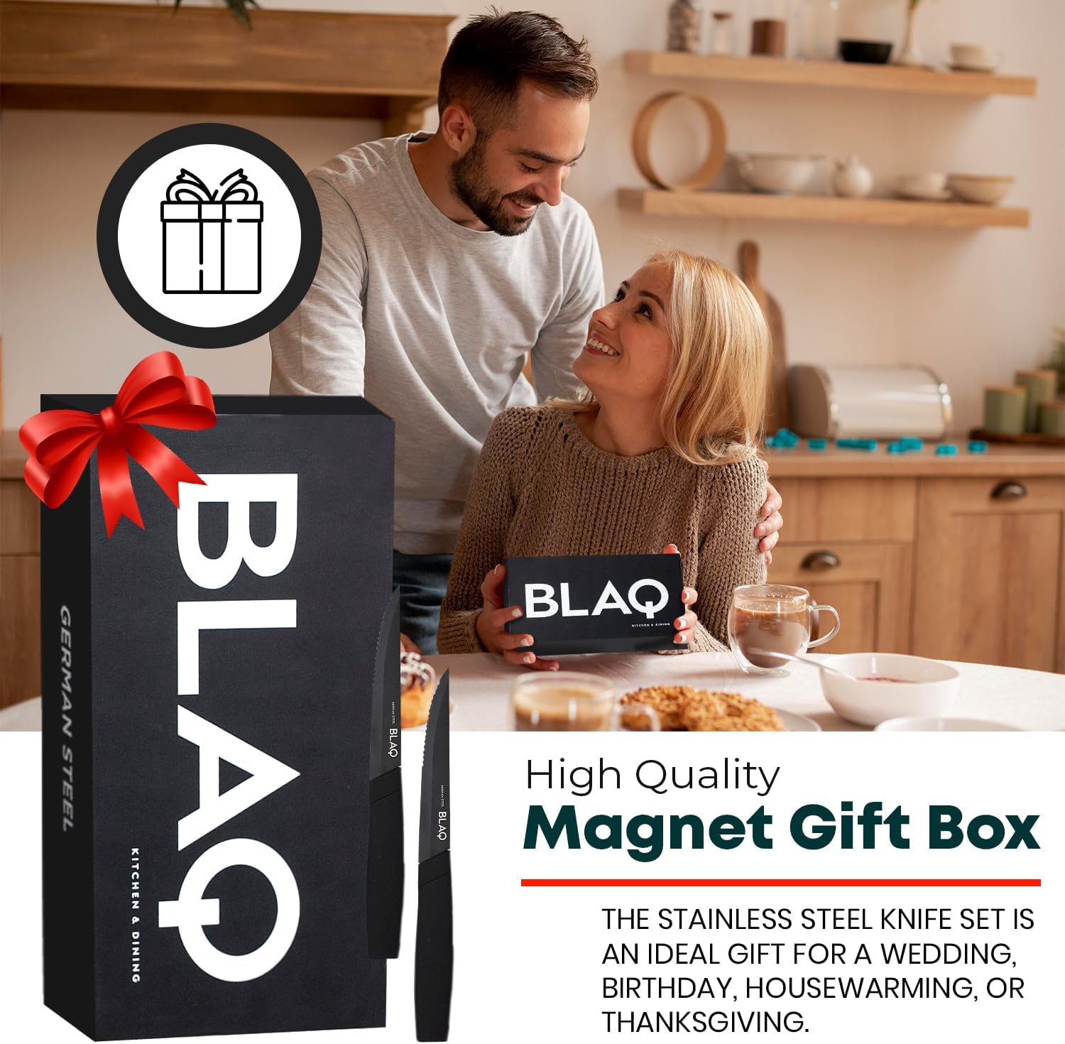 BLAQ Juego de 4 cuchillos para carne, cuchillos alemanes de acero inoxidable dentado con asas ergonómicas, aptos para lavavajillas, cuchillos para