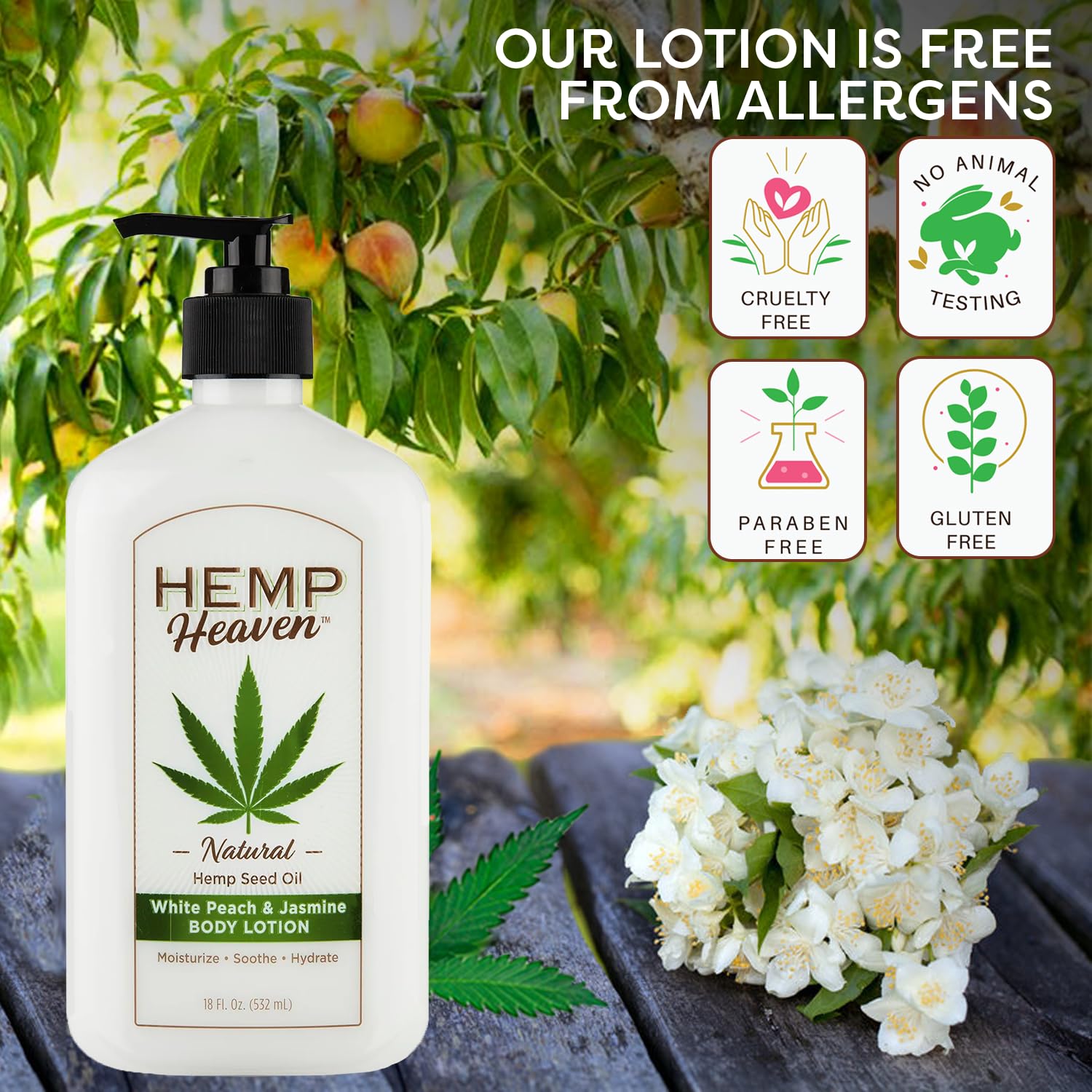 Hemp Heaven Loción corporal hidratante  Melocotón  Aroma de jazmín hecho con aceite de semilla de cáñamo natural para hombres y mujeres, 18 onzas