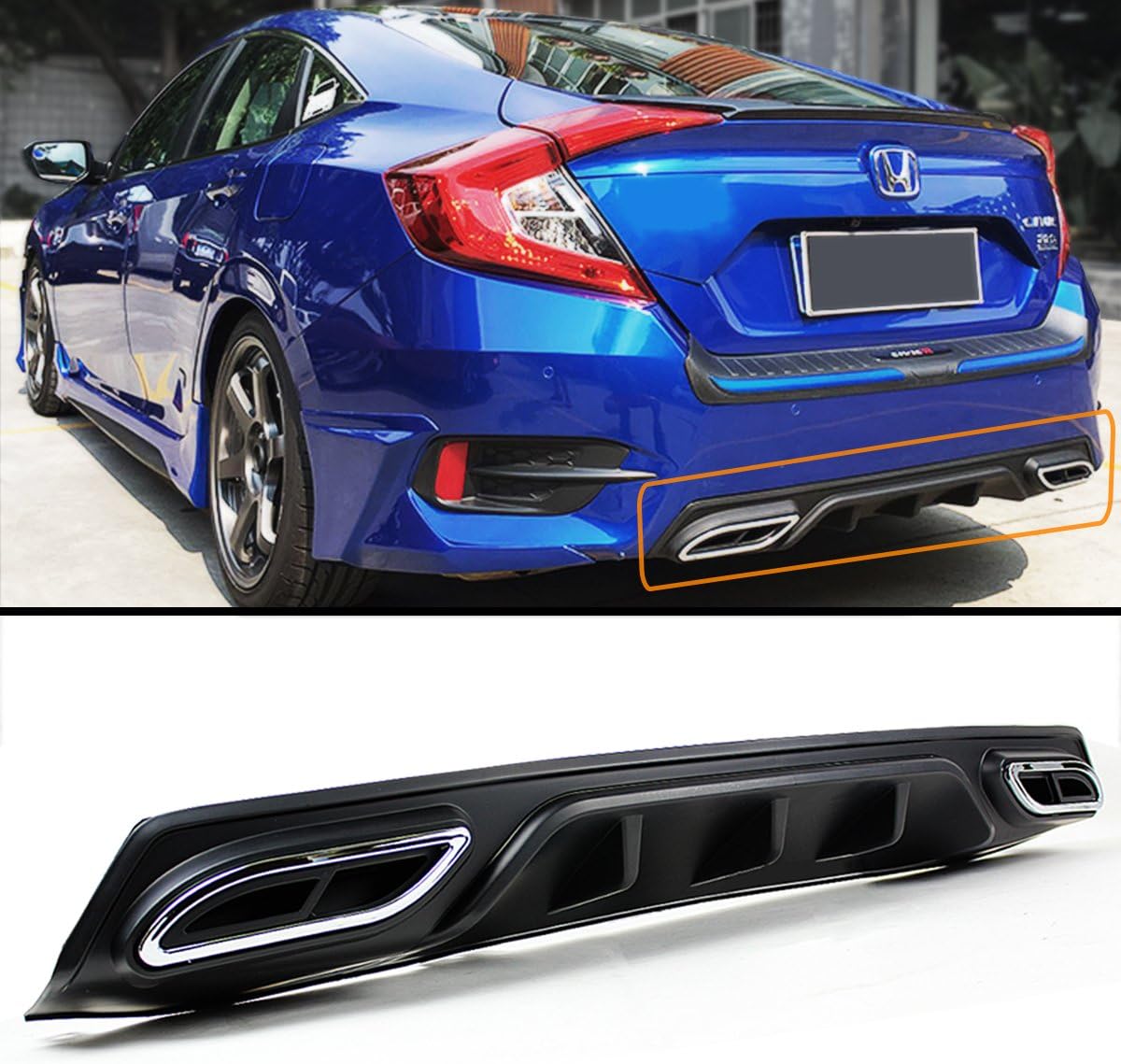 Difusor de parachoques trasero de aleta de tiburón negro con punta de escape decorativa compatible con Honda Civic 4 puertas Sedan 2016-2018