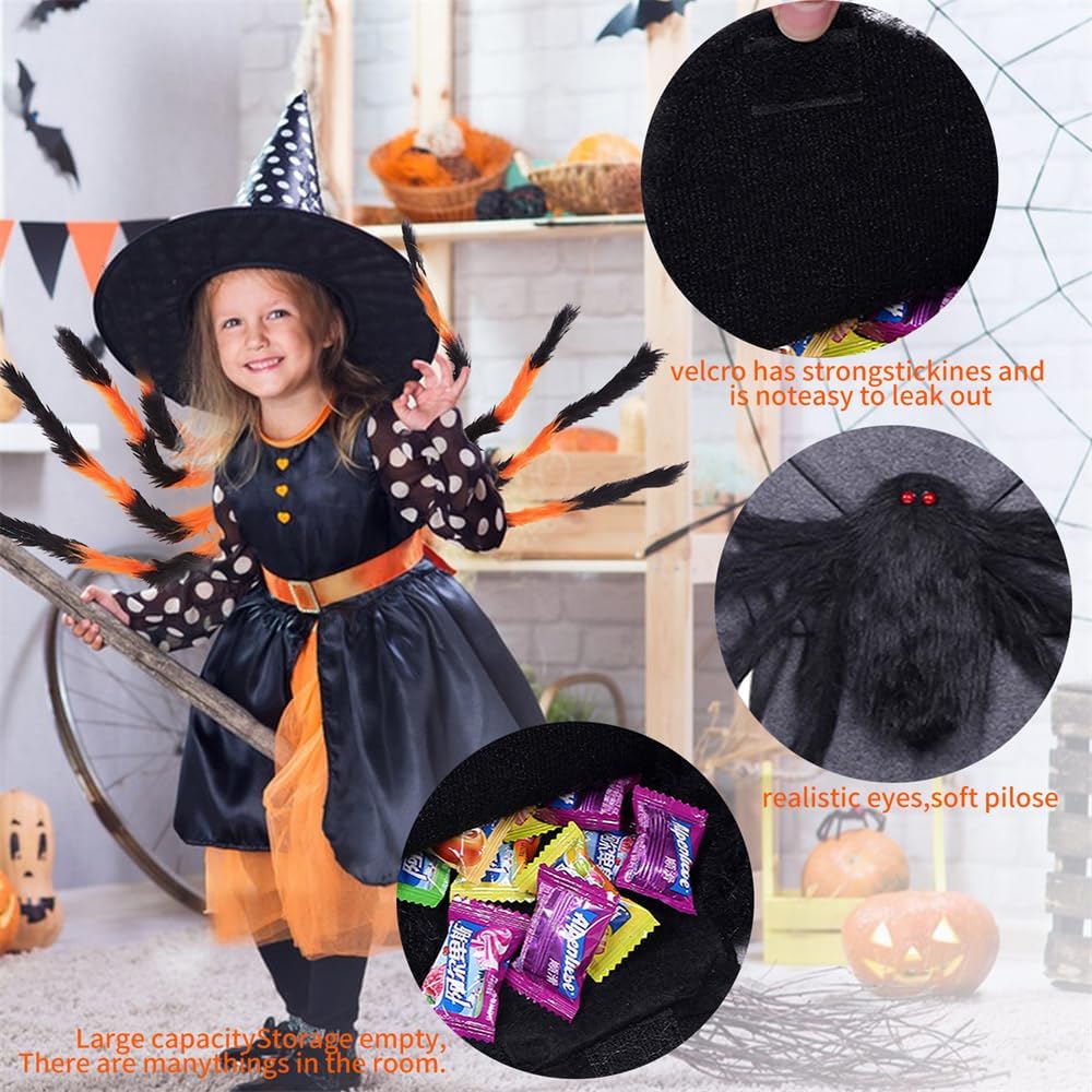 Bolsillo para araña de Halloween, mochila de araña de felpa, accesorios para fiesta, bolsas de araña de caramelo con correas, bolsa de decoración de