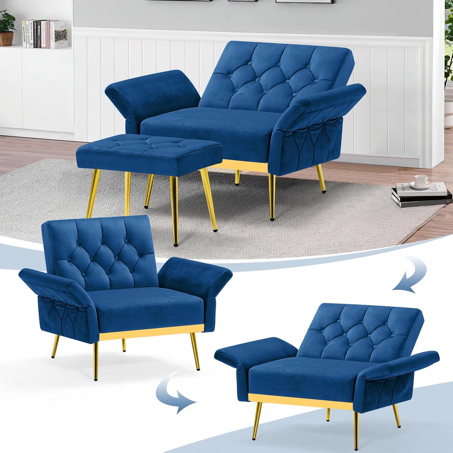 ACMEASE Silla decorativa de terciopelo con reposabrazos y respaldos ajustables, sofá individual copetudo con otomana, Chiar de lectura tapizado para