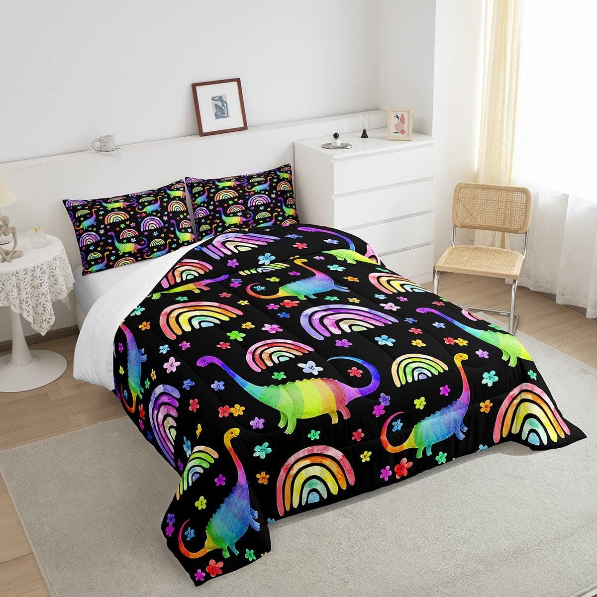 Erosebridal Juego de ropa de cama de dinosaurio para niños, juego de edredón de arcoíris para niñas, juego de edredón de flores coloridas, juegos de