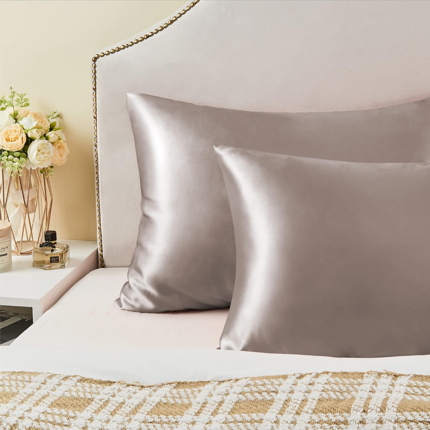 BEDELITE – Juego de 2 fundas de almohada de satén de tamaño Queen ideales para el cabello y la piel, supersuaves y sedosas, color gris pardo rosé,
