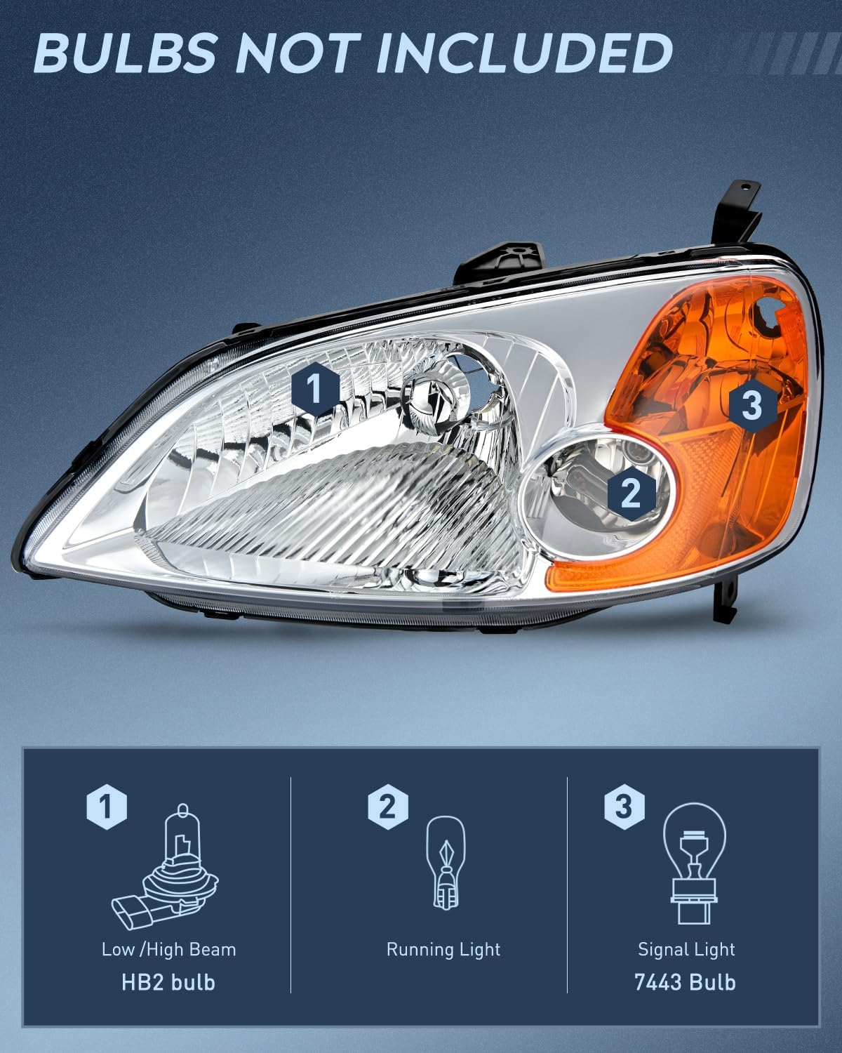 Nilight Conjunto de faros delanteros compatible con Honda Civic 2001 2002 2003, carcasa cromada, reflector ámbar, lente transparente mejorada, lado