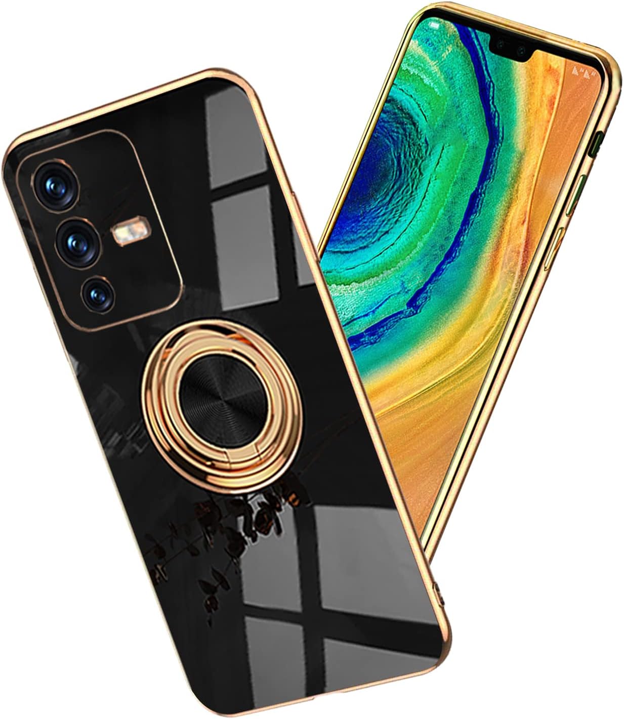 Yarxiawin Funda compatible con Vivo V23 con soporte de anillo, Vivo V23 para Vivo S12, funda negra antihuellas y protección de 360 grados a prueba