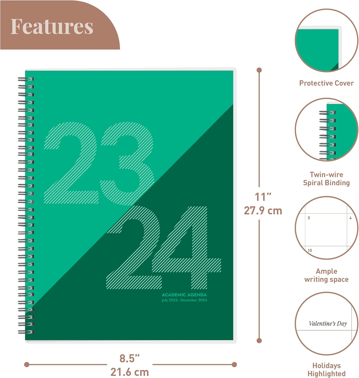 Rileys Planner 2023-2024 – Agenda semanal académica de 18 meses, agenda semanal y mensual geográfica, cubierta flexible, páginas de notas,