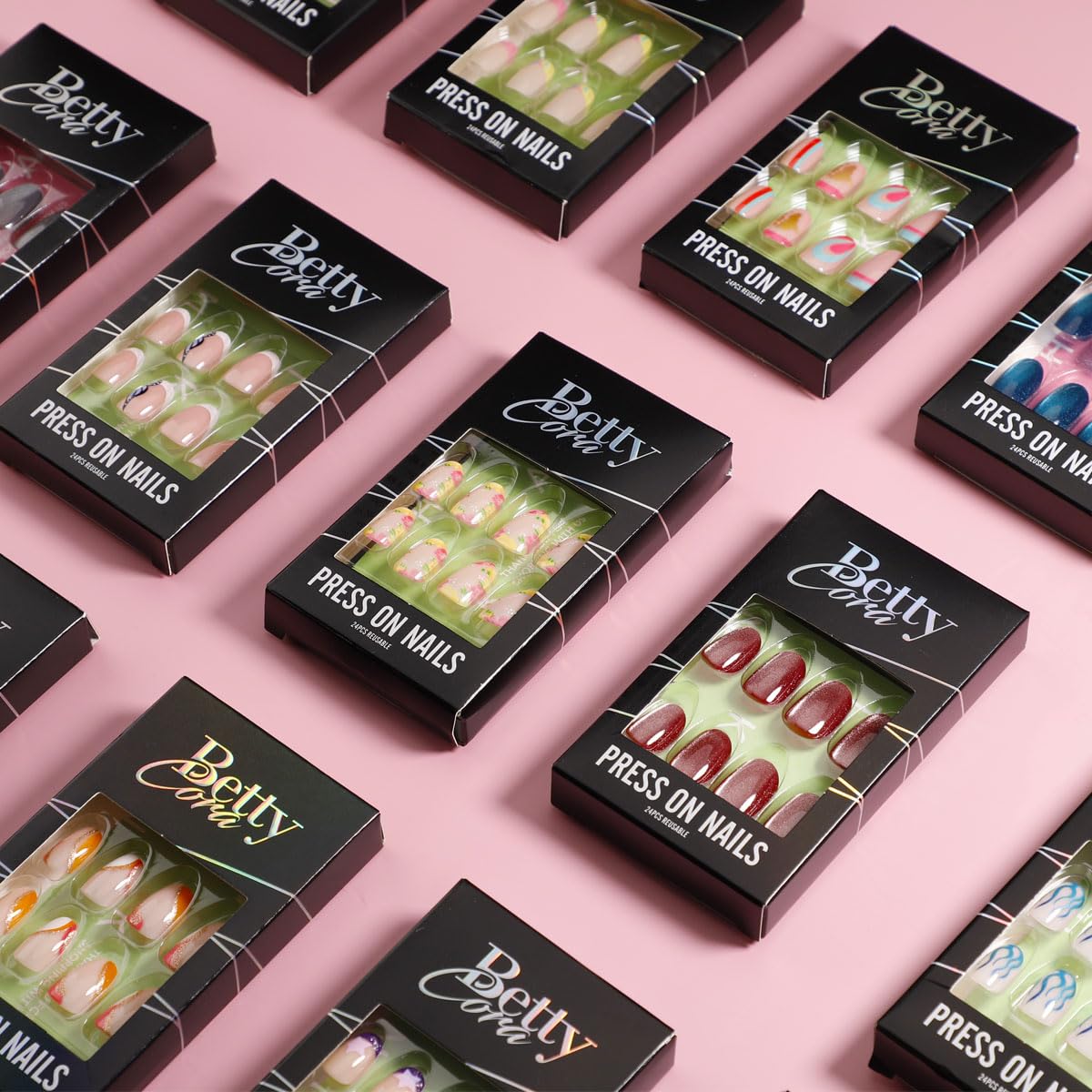 BettyCora – Uñas postizas cortas a presión, 24 puntas francesas cuadradas con pegamento para uñas, color plateado