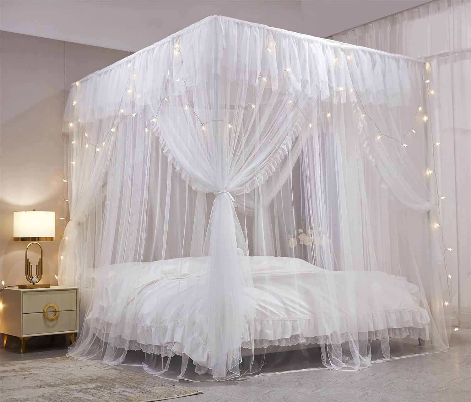VETHIN Cortina de cama de princesa con volantes de 4 esquinas, doble capa, acogedora red mosquitera de 4 aperturas para niñas y adultos, decoración