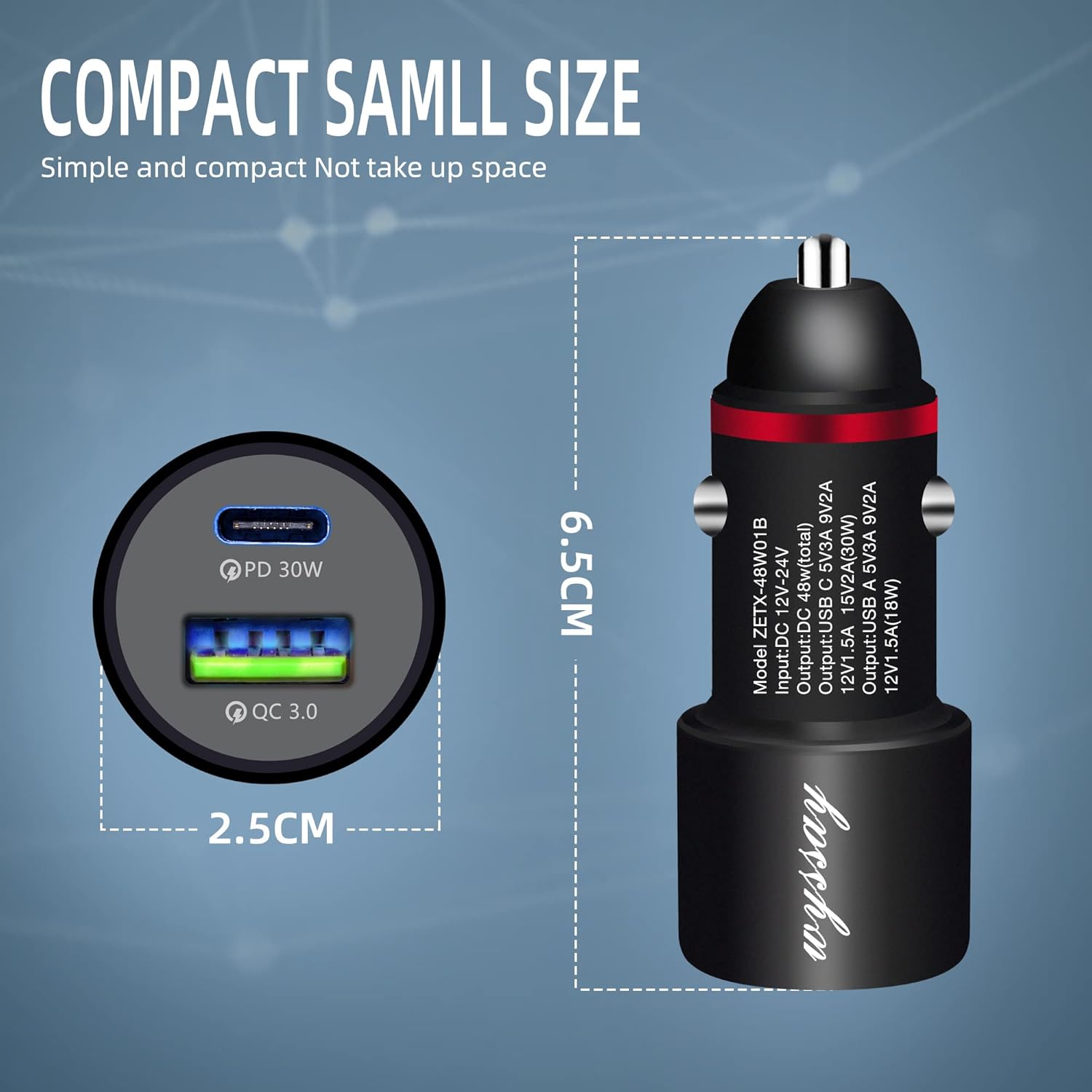 Wyssay Paquete de 1 cargador rápido de automóvil USB C de 48 W, adaptador de cargador de coche USB PD&QC 3.0 de doble puerto, cargadores de