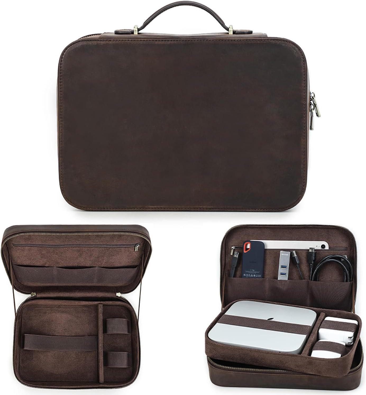 Kit técnico de estuche organizador electrónico, cuero de grano superior, hecho a mano, portátil, compacto, accesorios electrónicos de viaje,