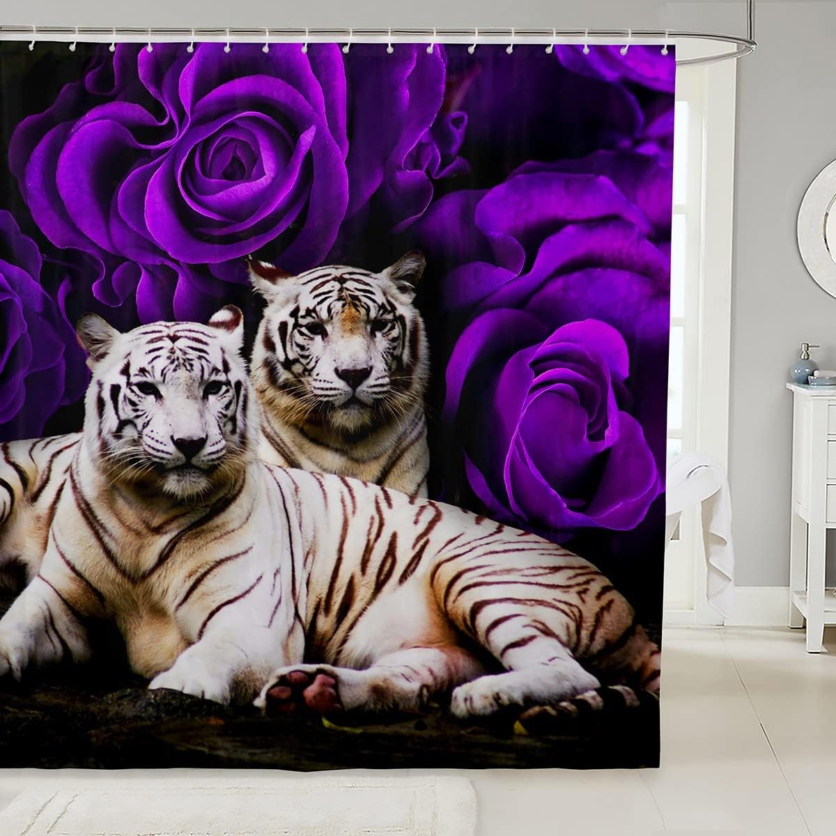 Cortina de ducha de tigre blanco, juego de cortinas de ducha de baño con rosas moradas, flores de animales salvajes, cortinas de baño impermeables