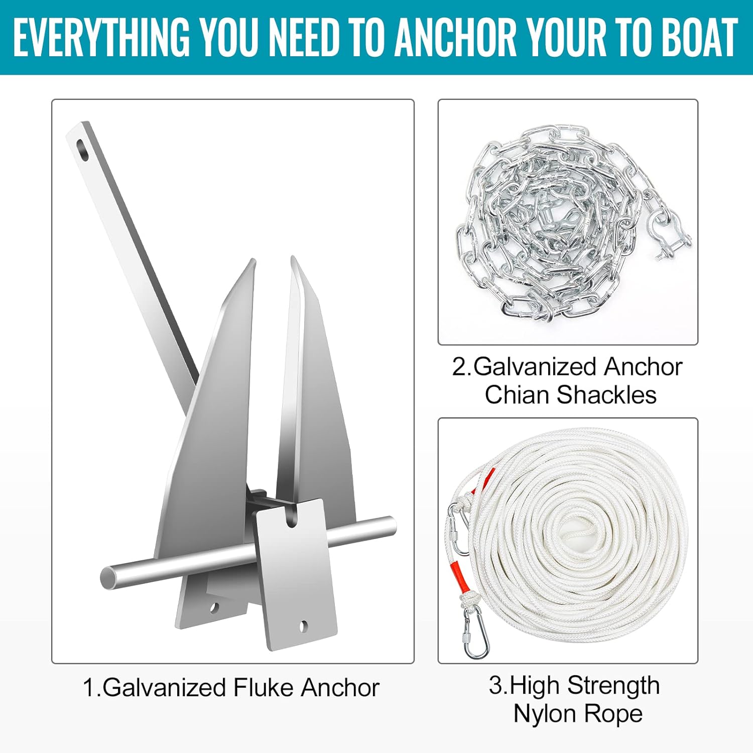 Kit de anclaje para barco, anclaje estilo Fluke, anclaje de acero galvanizado en caliente Fluke incluye ancla, cadena, cuerda, grilletes para amarre