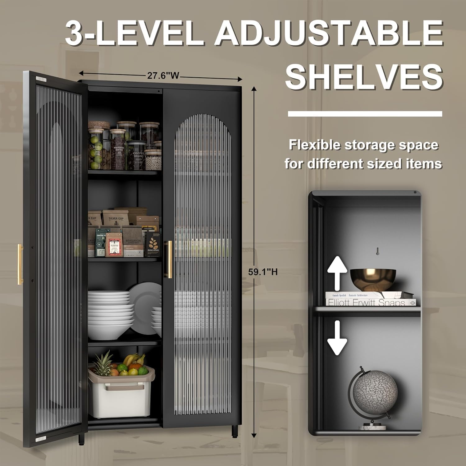 Armario de almacenamiento de metal de 59 pulgadas con puertas de cristal, vitrina de cristal para sala de estar, comedor y cocina, aparador