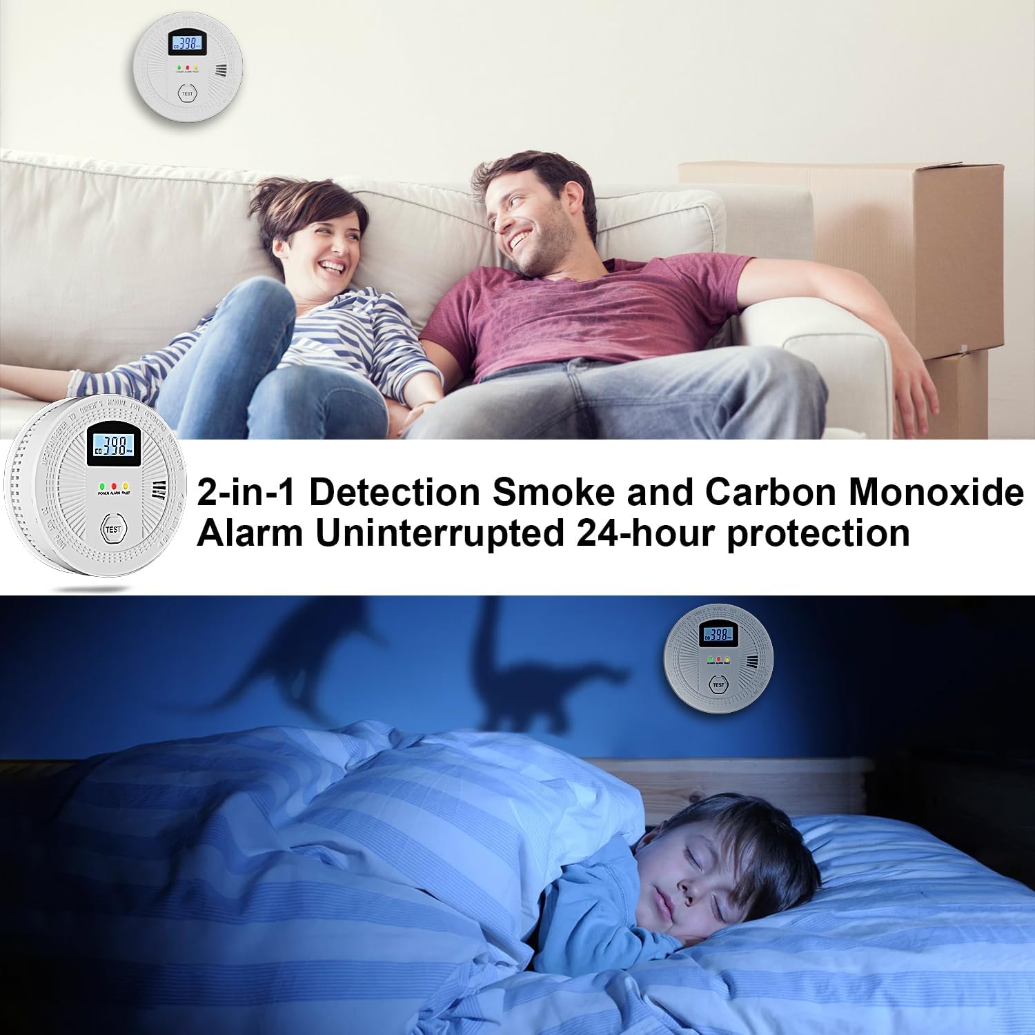 Combinación de monóxido de carbono y alarma de humo con pantalla digital, detectores de humo y monóxido de carbono a pilas, paquete de 1