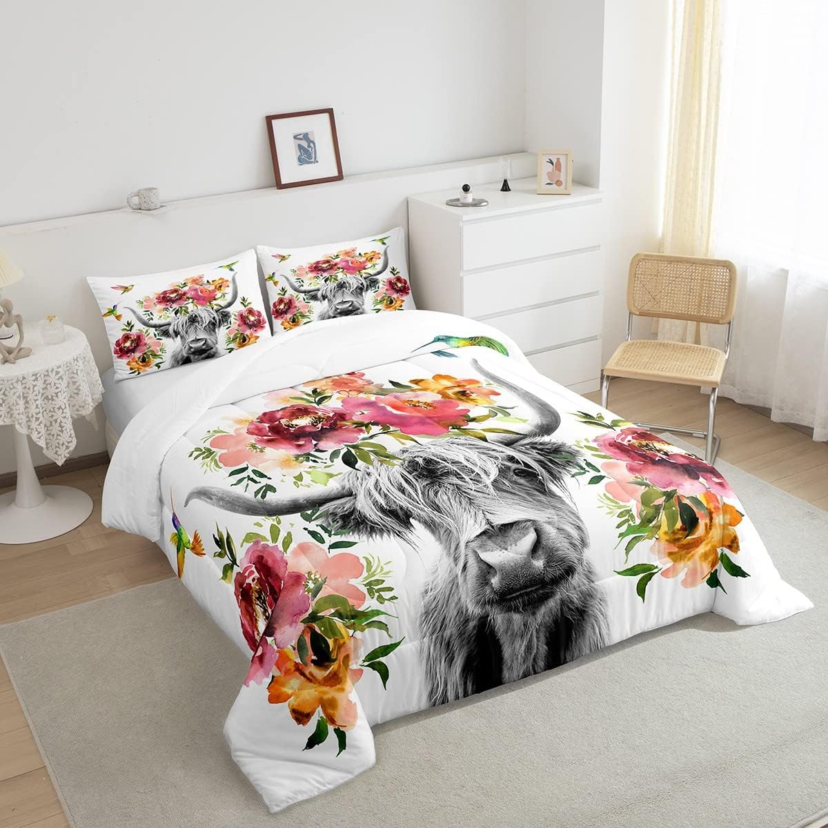 Erosebridal Highland Cow – Juego de edredón floral de tamaño matrimonial, juego de ropa de cama de flor de ganado toro, vida silvestre, granja,