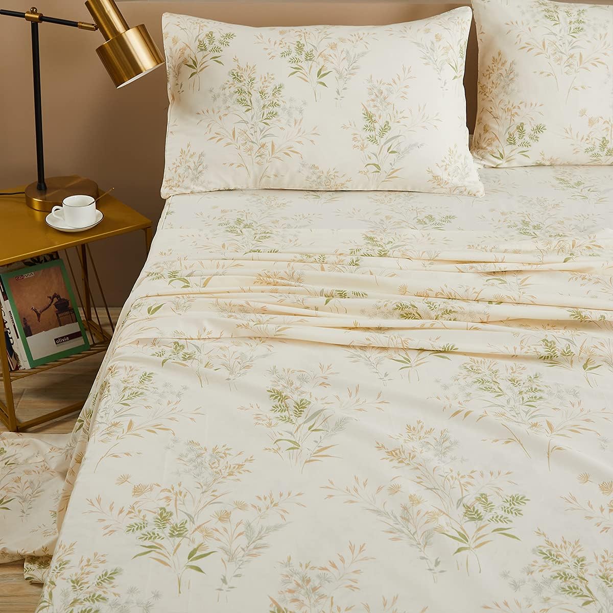 FADFAY Juego de sábanas de hojas florales, tamaño King, 100% algodón de primera calidad, 600 hilos, ropa de cama de flores verdes y crema, estampado