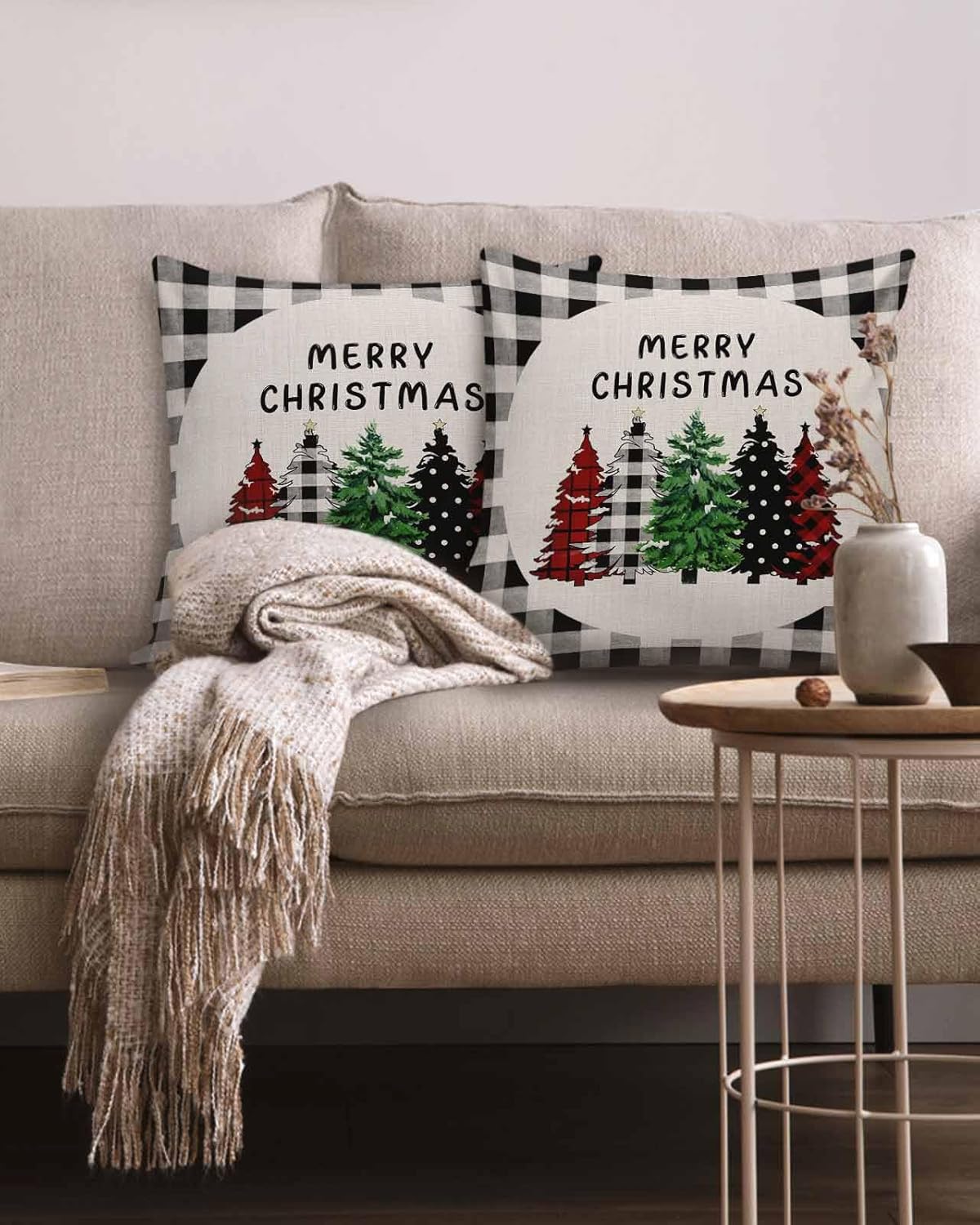 Juego de 2 fundas de almohada de Navidad de 18 x 18 pulgadas, fundas de cojín suaves de color blanco y negro, a cuadros, para sofá, dormitorio,
