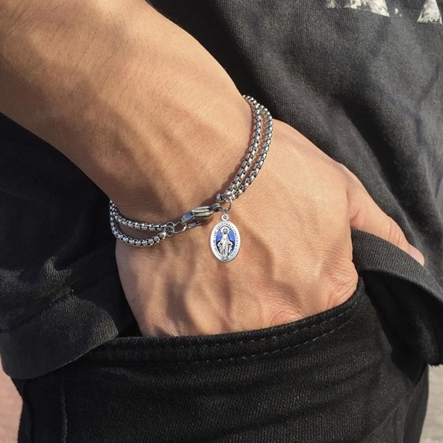 50 piezas de aleación de esmalte azul milagroso medalla ovalada Nuestra Señora Colgantes Virgen María para mujeres y hombres DIY católico collar