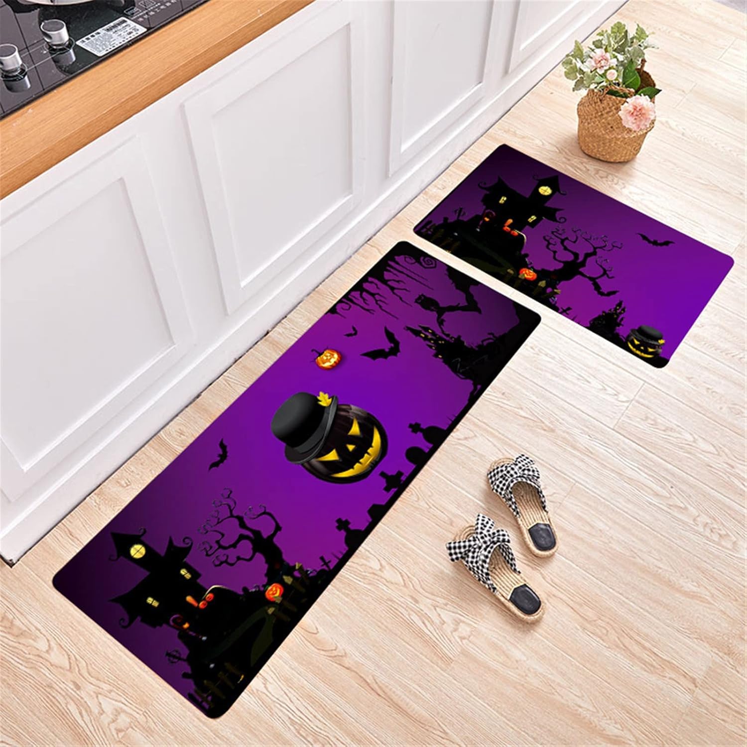 Juego de 2 tapetes de cocina de Halloween, 48 x 16 a 24 x 16 pulgadas, antideslizantes, para otoño, alfombras y tapetes de cocina, tapetes de