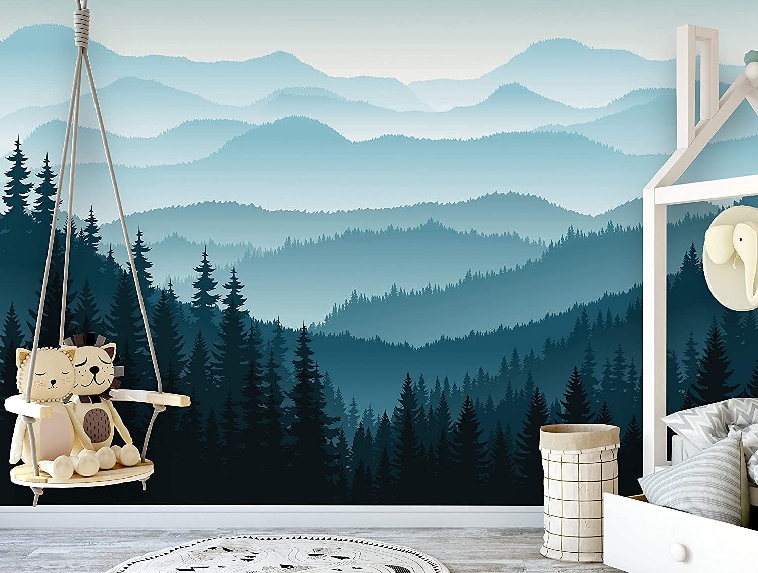 Papel tapiz removible para despegar y pegar, mural de pared autoadhesivo, mural de montaña 3D, papel tapiz para guardería, pinos de montaña azul