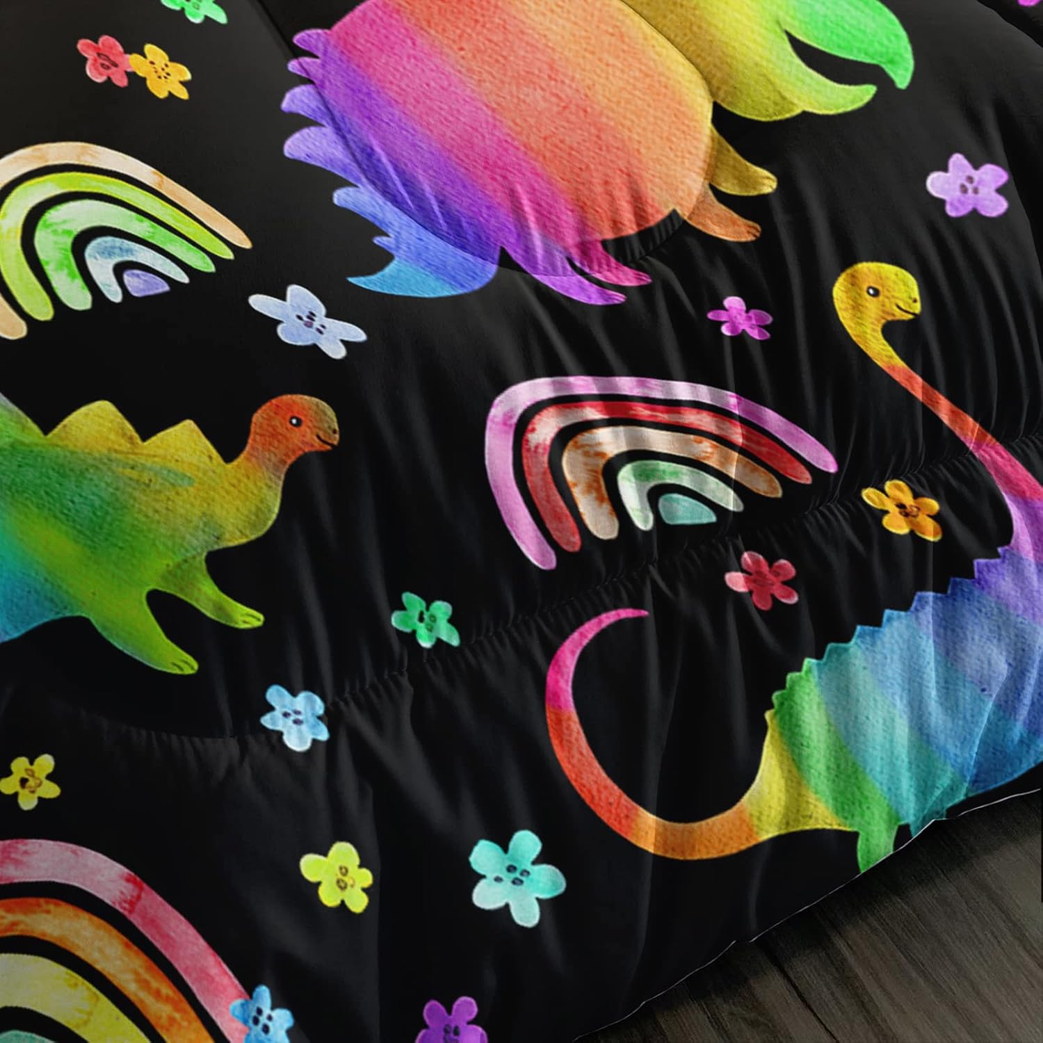 BSNTHO Juego de edredón de dinosaurio arcoíris, juego de ropa de cama de dinosaurio colorido para niños y niñas, edredón de dinosaurio de dibujos